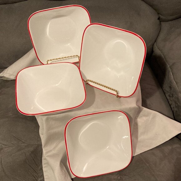 2015 Corelle Square RED RIM-4 Soup/Cereal Bowls-Country Dawn Pattern-6 &3/8"-EUC - Picture 1 of 9